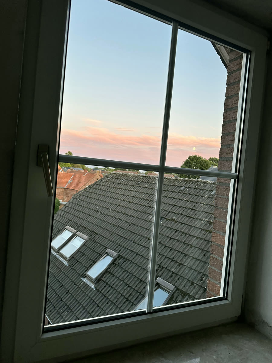 Sauberes Fenster mit Blick über die Dächer – Gebäudereinigung in Laer