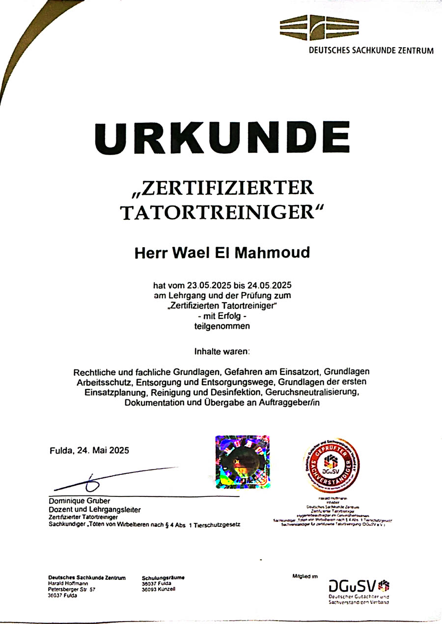 Urkunde „Zertifizierter Tatortreiniger“ des Deutschen Sachkunde Zentrums für Wael El Mahmoud, ausgestellt in Fulda am 24. Mai 2025